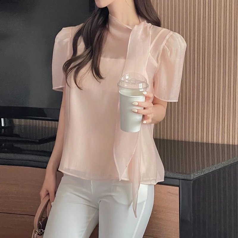 

Fashionable Knot Short Sleeve See-through Chiffon Top with Tie Neck Design Women's Summer Lace Shirt Chinese Made