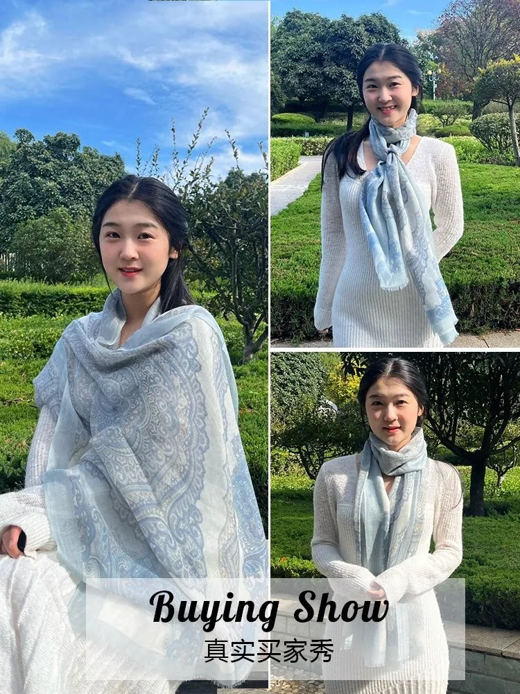 Blue fleece scarf light and thin women's summer silk pure air-conditioned room shawl for outerwear