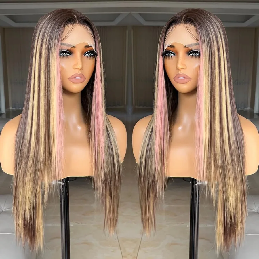 26 بوصة الوردي تسليط الضوء على الدانتيل الجبهة غلويليس بيروكات صناعية للنساء مع شعر الطفل قبل قطعها نمط طويل مستقيم مثالي ل D