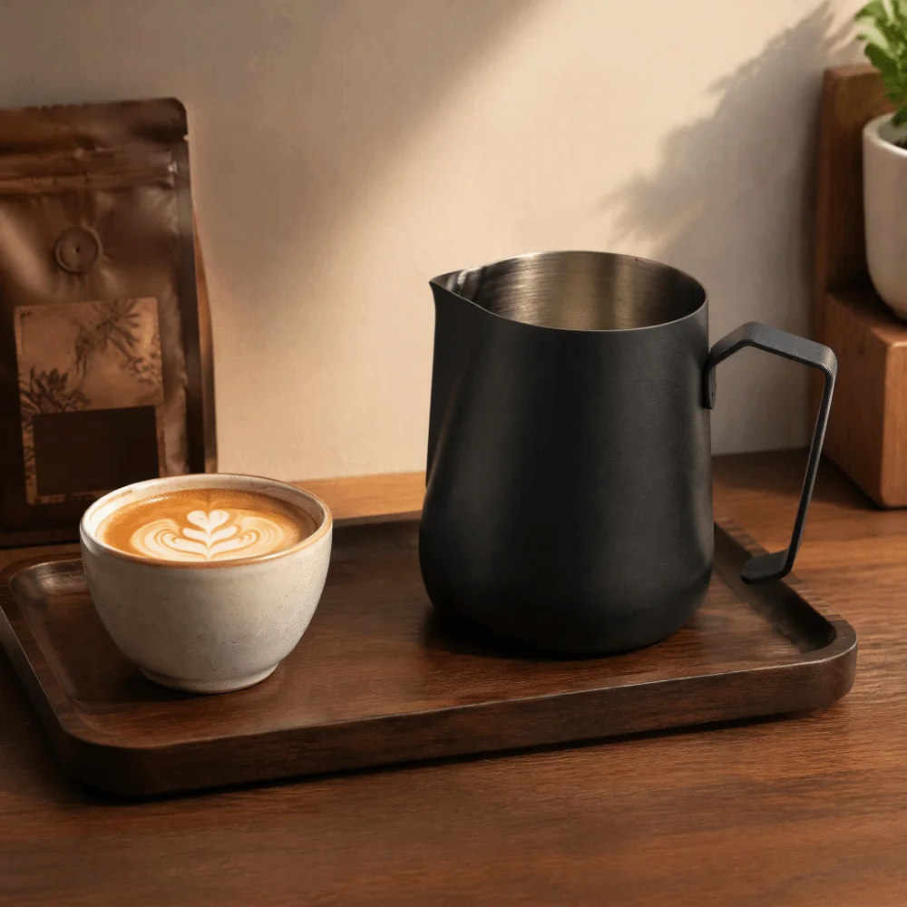 450ml Capacity Milk Frothing Pitcher Pointed Spout Stainless Steel Frothing Pitcher Black/White Finish Thickened Wall