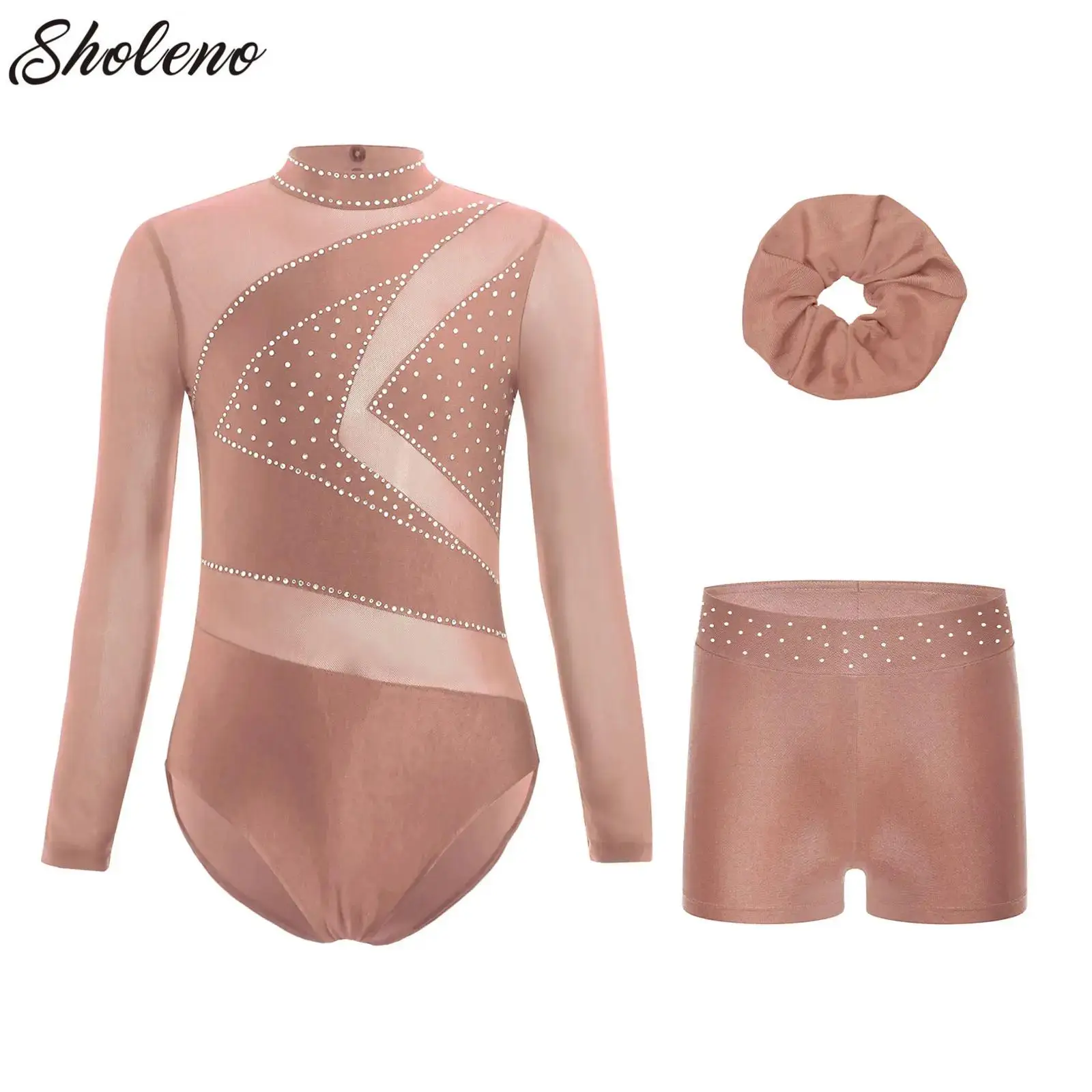 Conjunto de ginástica de três peças para meninas, manga longa, collant de dança de balé com shorts, faixa de cabelo, fantasia de performance de patinação artística