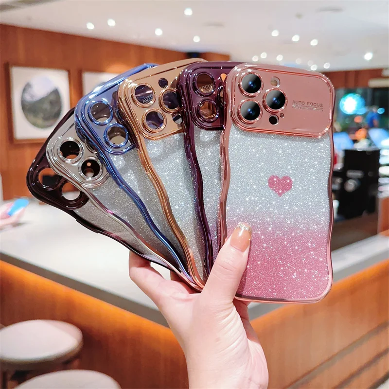 Liquid Lens Luxury Full Coverage Heart Wave Soft Glitter Jellewed Phone Case For iPhone 11 12 13 14 15 16 Pro Max Plus Cover