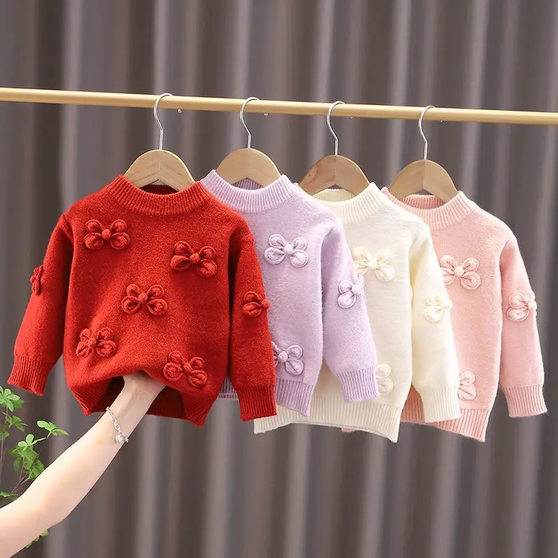 

Fashion Bowknot Knitwear Baby's Outwear Top Children's Sweater Autumn and Winter New Girl's Round Neck Pullover Sweater