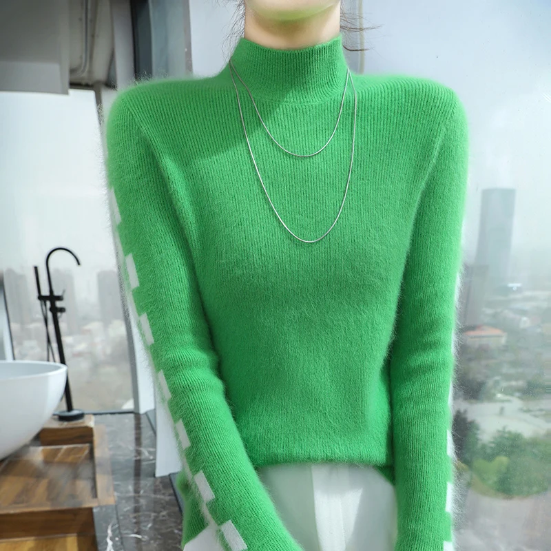 

Mock-Neck Silm Soft 100% Mink Cashmere Sweater Pullover Women Long Sleeve Knitwear Basic Elegant Warm Clothing Tops