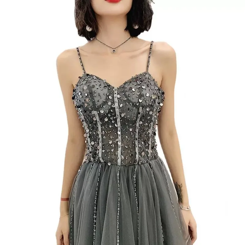 2025 New Women's Sexy Glitter Strap Long Style Banquet Fairy Evening Dress Fashionable and Skinny Celebrity Host Dress