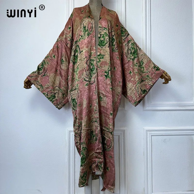 WINYI 2024 High-quality Double-sided Print Silk feel Dress Beach Wear Boho Cardigan abaya women muslim dress Long Sleeve Kimono