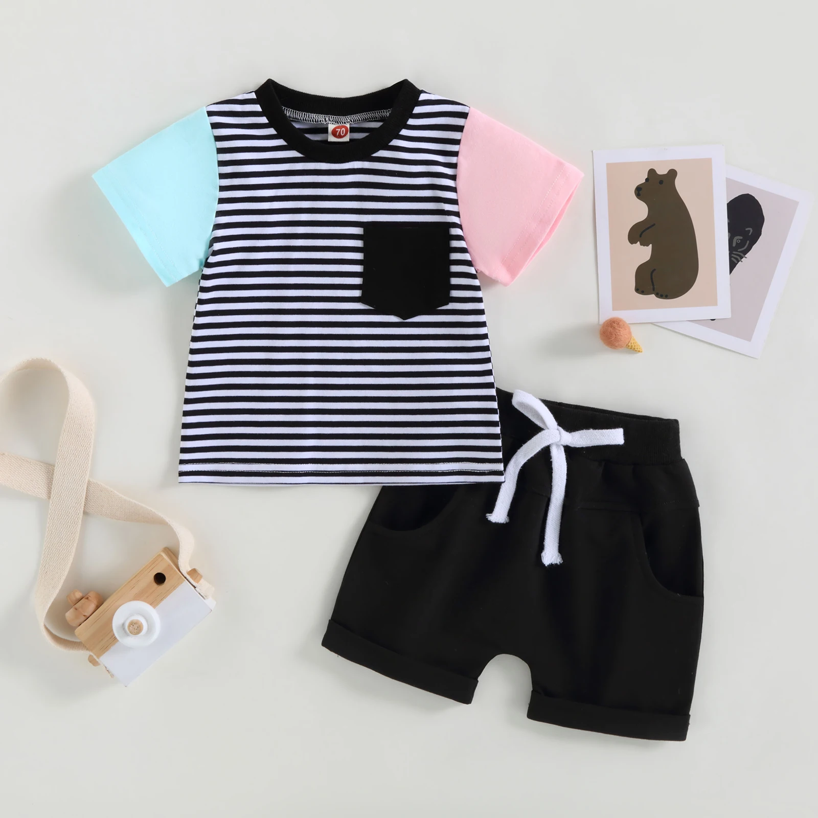 0-3 Years Baby Boys Shorts Set Short Sleeve Striped T-shirt with Elastic Waist Shorts Summer Outfit