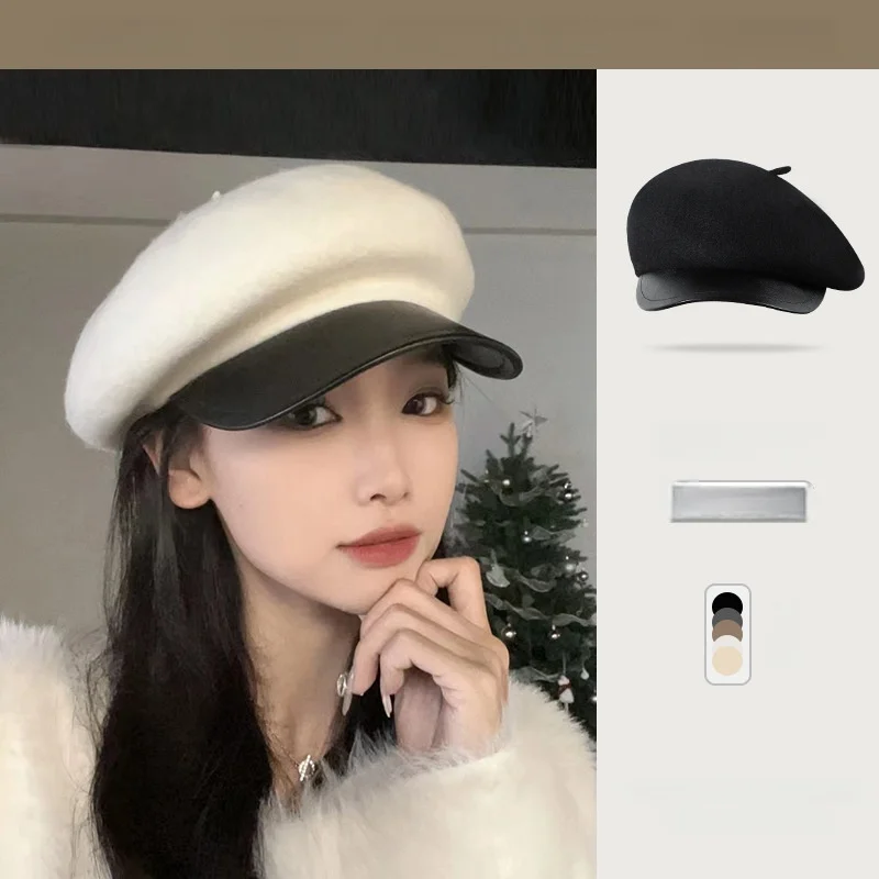 Autumn/Winter Colour-Block Octagonal Beret for Women Retro Socialite Style - Versatile Beret with Leather Brim British-Style Hat