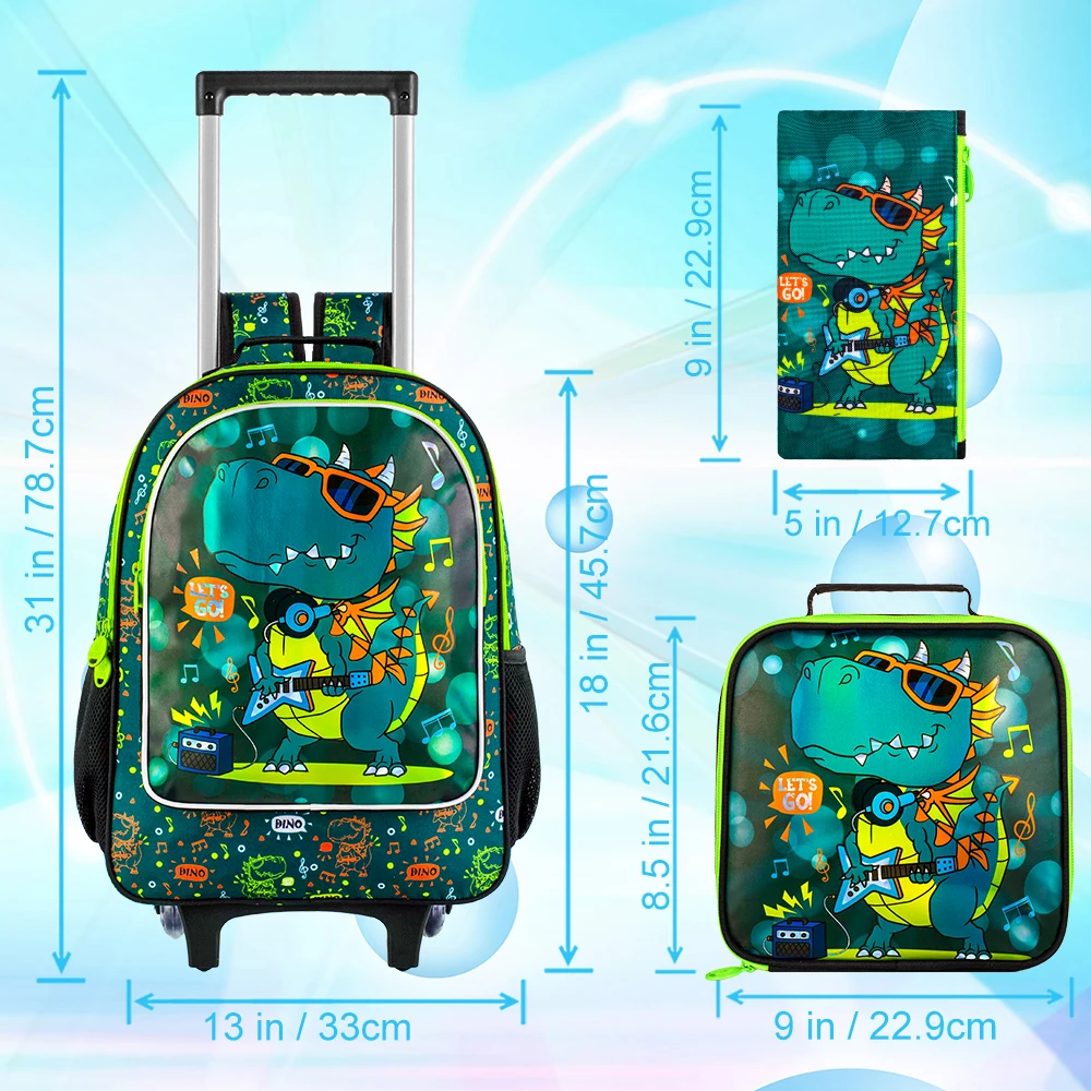 3Pcs Dinosaur Rolling Backpack for Boys, Kids School Backpacks with Wheels, Roller Bookbag with Lunch Box for Elementary