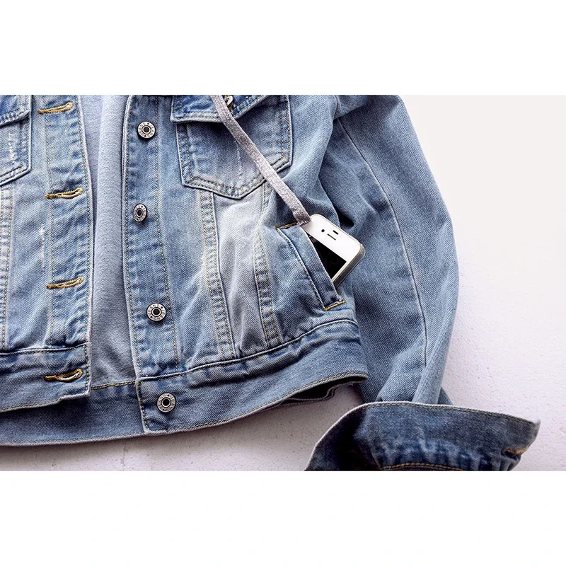 

Vintage Blue Hooded Big Pocket Denim Jacket Women Slim Short Student Cowboy Outerwear Spring Autumn Casual Jeans Jacket Female