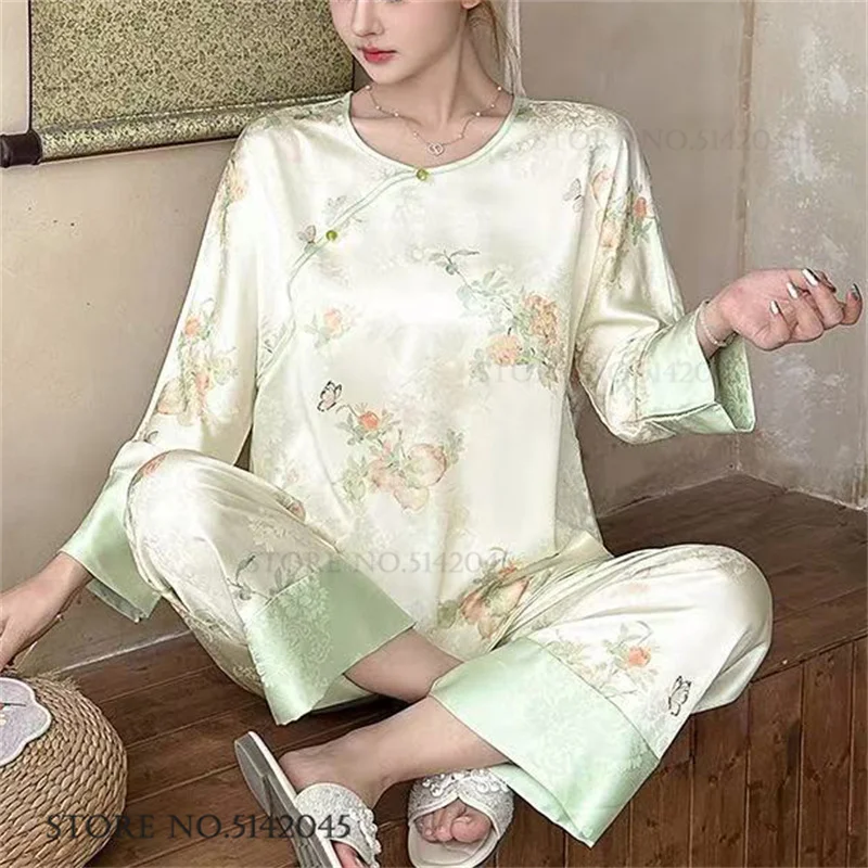 New Chinese Style Women Pajamas Set Loungewear Elegant Print Flower Sleepwear Trouser Suits Loose Silk Satin Homewear Pyjama