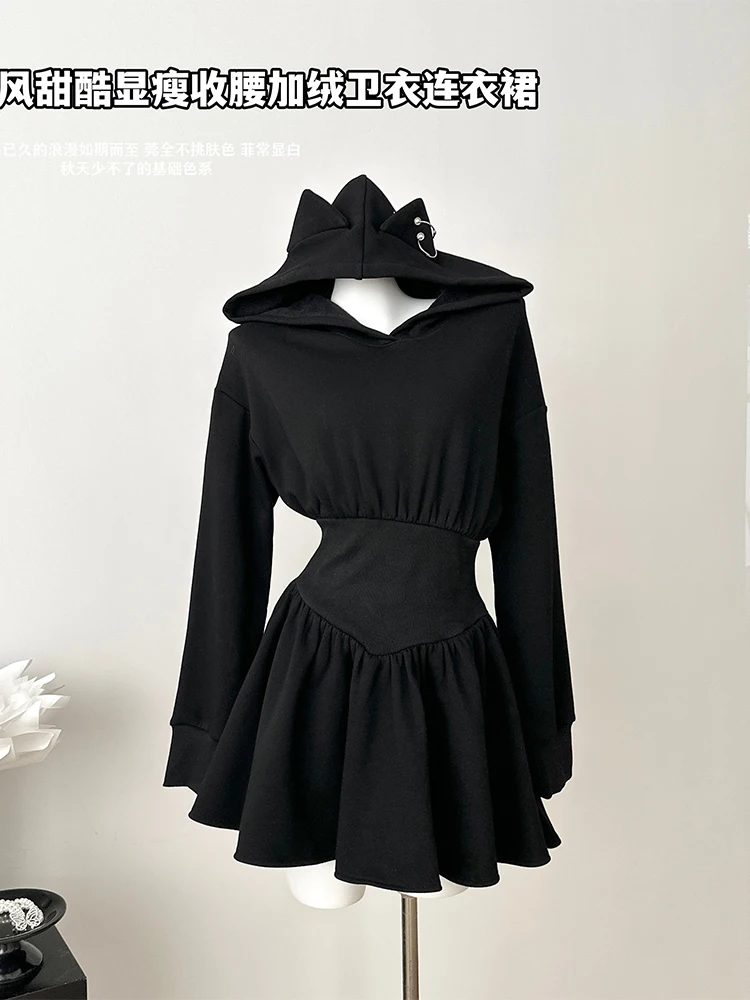 Women Black Gothic A-line Dress 90s Vintage Long Sleeve Mini Dresses Y2k Party Club One Piece Frocks Emo 2000s Cutecore Clothes