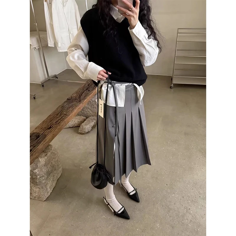 

Модная плиссированная юбка с высокой талией и боковым разрезом, универсальная повседневная модель с пуговицами, А-силуэт, для женщин, на каждый день