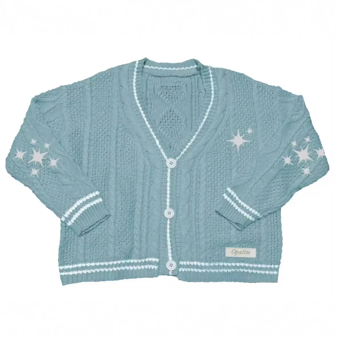 

American Retro Star Embroidery Loose Knitted Cardigan Women V-neck Temperament Opalite Letter Long Sleeves Sweater Coat