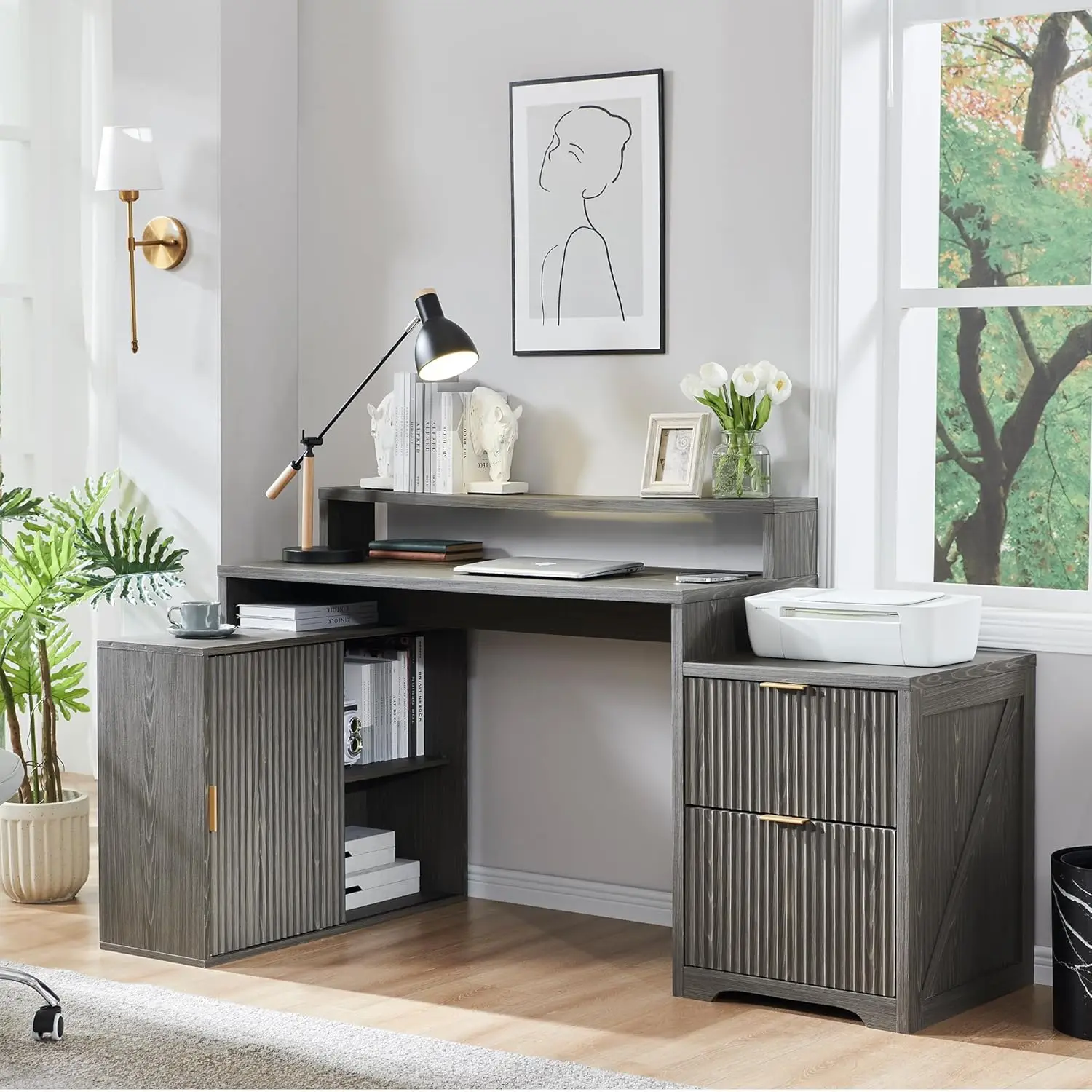 #L Shaped Desk Storage Cabinet Drawers Wood Home Office Power Outlets Fluted Computer Writing Desk, Customized