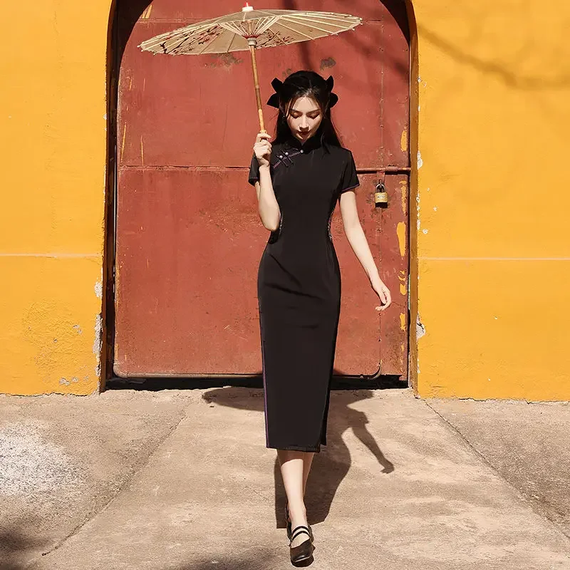 فستان BlackCheongsam على الطراز الصيني فستان نسائي عتيق أنيق من الدانتيل لحفلات رأس السنة الجديدة فساتين تشيباو للسيدات فساتين صيفية ضيقة