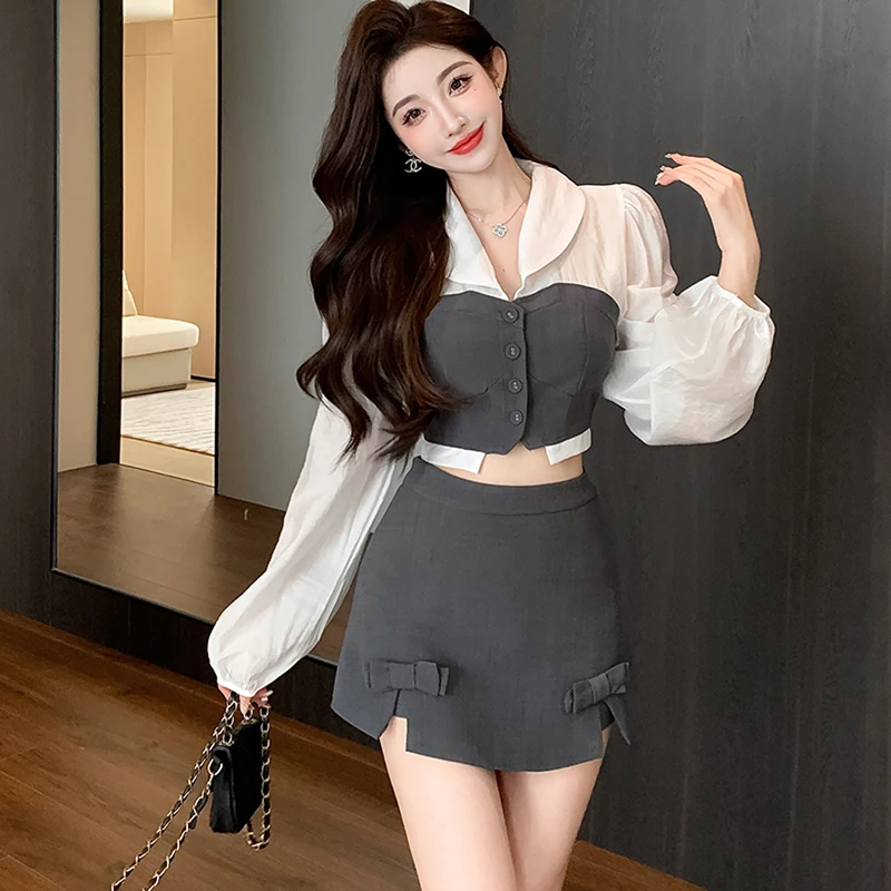 Two Piece Set Women Hit Color Splicing Puff Long Sleeve Slim Crop Tops + Bow Mini Skirt Outfits Korea Fashion Sweet Lady Clothes