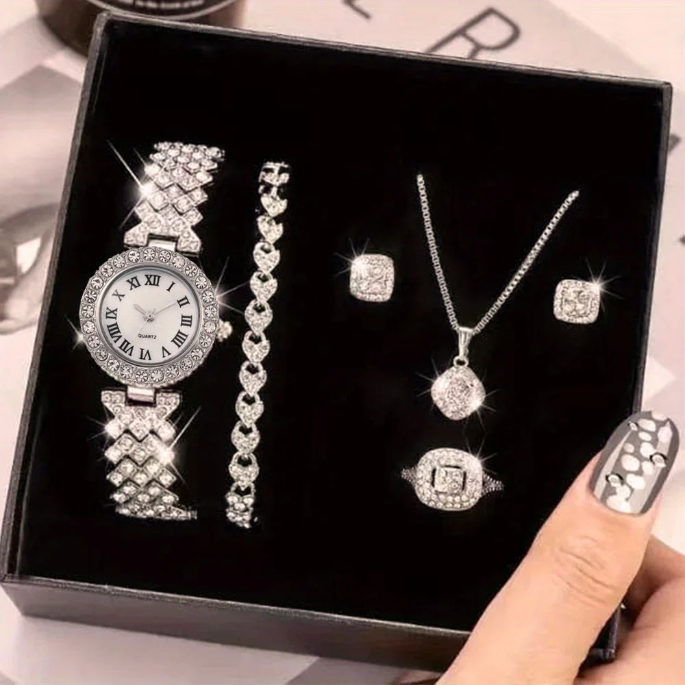 6 Pcs Round Rhinestone Quartz Watch Zinc Alloy Strap Zinc Alloy Pointer Zinc Alloy Case And Rhinestone Bracelet Necklace