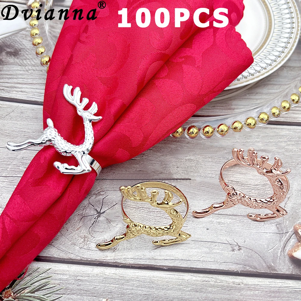 100Pcs Snowflake Deer Napkin Rings Gold Elk Napkin Holders for Fall Thanksgiving Christmas Winter Wedding Parties Home Table Dec