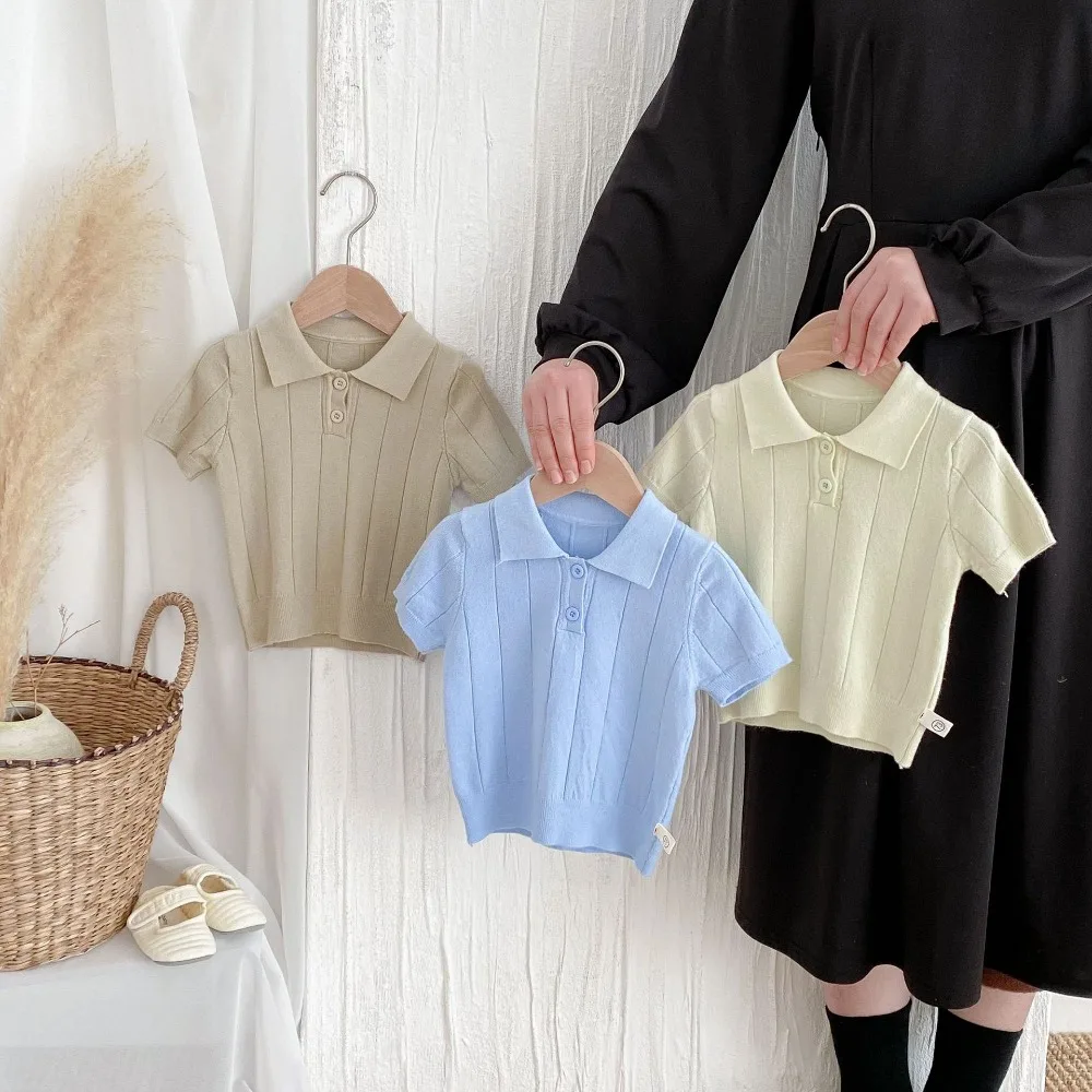 INS Summer Baby T-shirt 1-3Years Newborn Boy Girl Short Sleeve Turn Down Collar Knitwear Pullover Shirt Tops Outfits Clothes