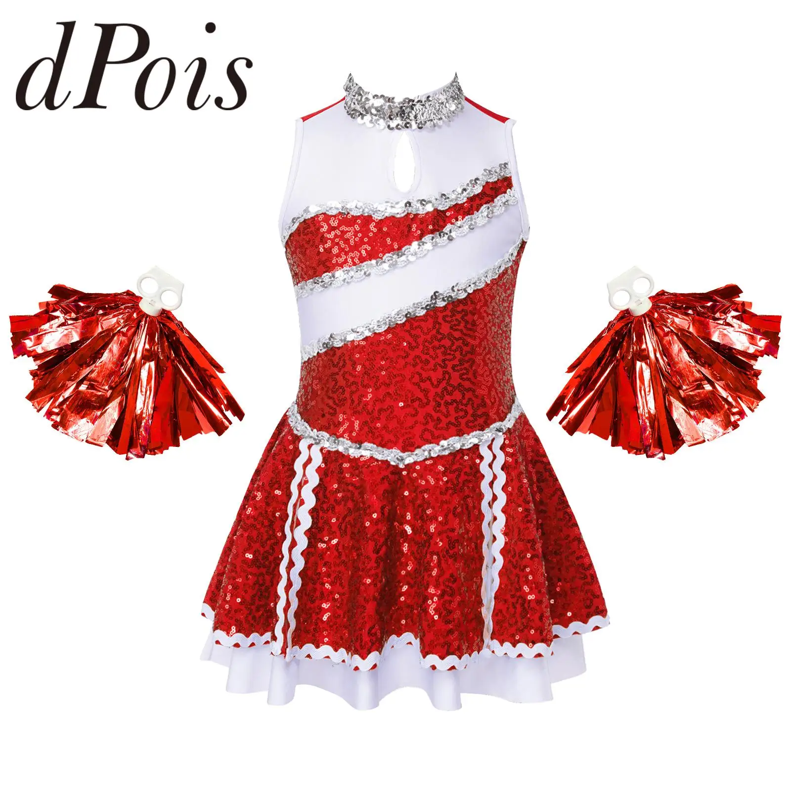 Kids Girls Cheerleading Costume Sleeveless Sequined Tutu Dance Dress with Tassel Flower Balls Children Cheerleading Uniforms