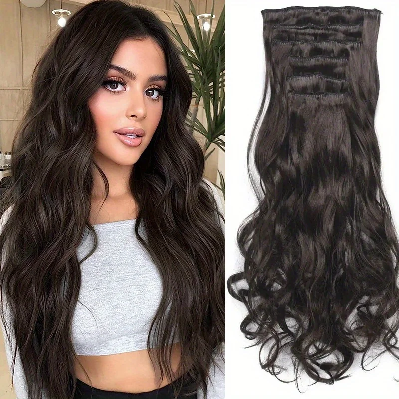 

Long Wavy Clip in Hairpiece for Women 20 Inch Black Synthetic Fibre Natural Curly Hairpieces 6pcs Wave Clip in Hair Extensions