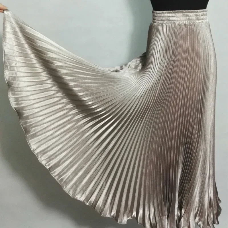 

Spring Autumn Fashion Elegant Metal Elastic Waist Long Pleated Skirts 2023 Bright Satin Ladies Long Tulle Women's Skirts