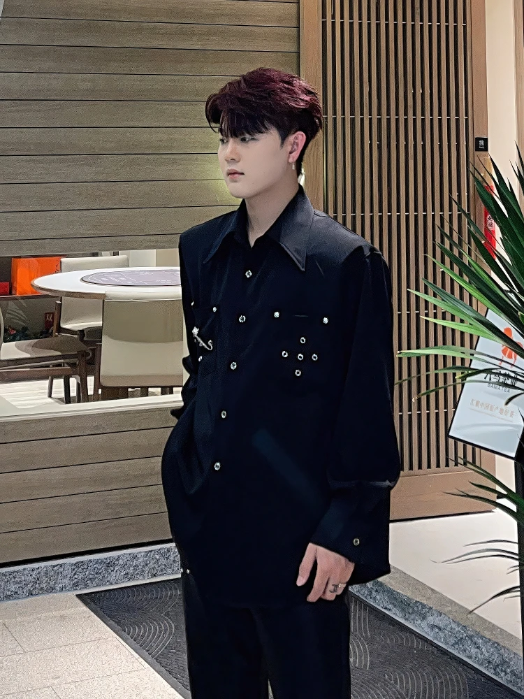 Men's 2025 Spring Solid Color Long-sleeve Shirts Men's Niche Rivet High-end Simple Pin Decoration Tops Trendy Shoulder Pad Shirt