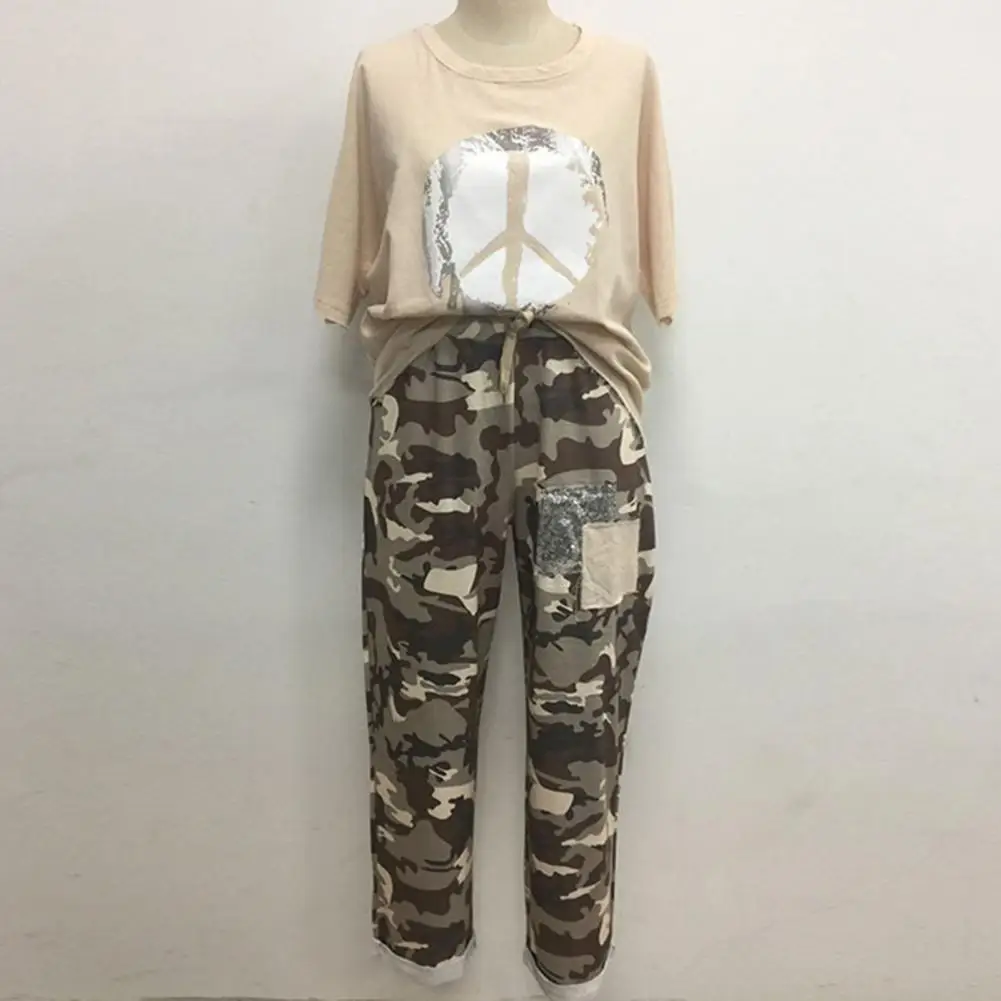 1 Set T-shirt Pants Set Women Tracksuit O Neck Irregular Hem Blouse Camouflage Print Drawstring Pants Outfit Sets survêtements