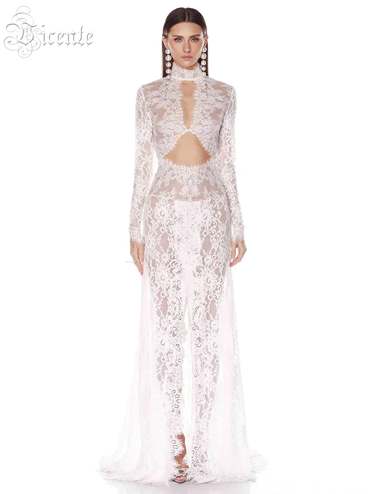 

VC Sultry Sexy White Lace Long Sleeves with Cutout & Slit Sheer for Parties Wedding Gown