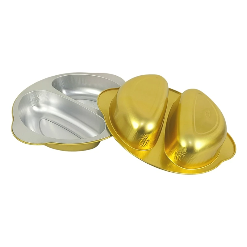 20Pcs Pack 2400ml Gold Round Dual Compartment Foil Container Anti-Odor Hot Pot Box Thick Heat Resistant Disposable Aluminum Tray