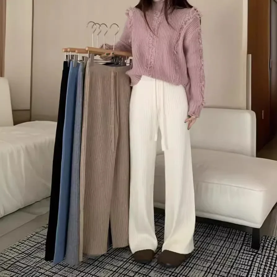 Korean version of casual straight trousers pit strips knitted wide-leg trousers for women 2024 autumn and winter looking thin