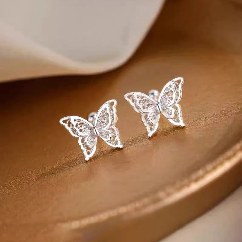 925 Sterling Silver Hollow Butterfly Bead Screw Stud Earrings For Women Cute Insect Fine Jewelry Small Niche Luxury Accessories