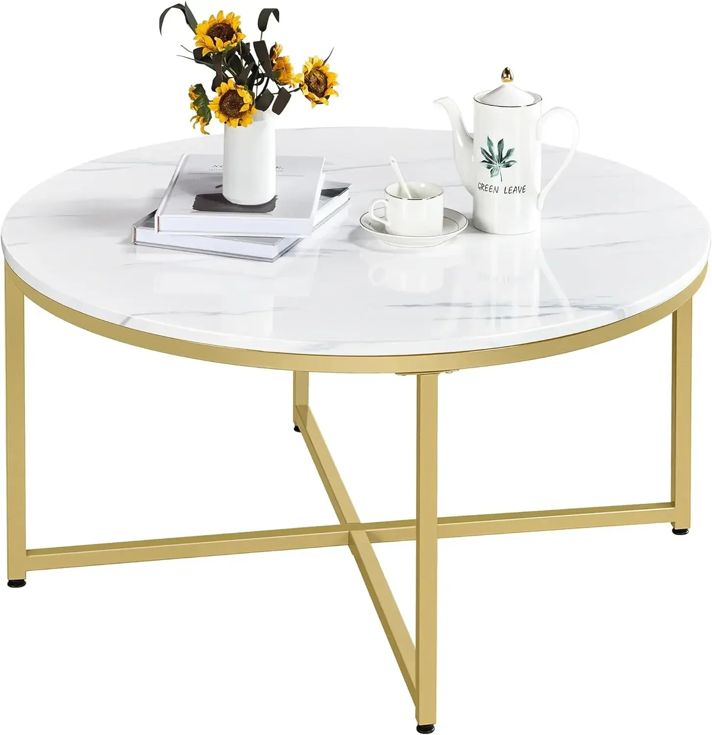 

Faux Marble Coffee Table, 35.5in Round Coffee Table with Metal Legs for Living Room, Modern Center Table for Home & Office