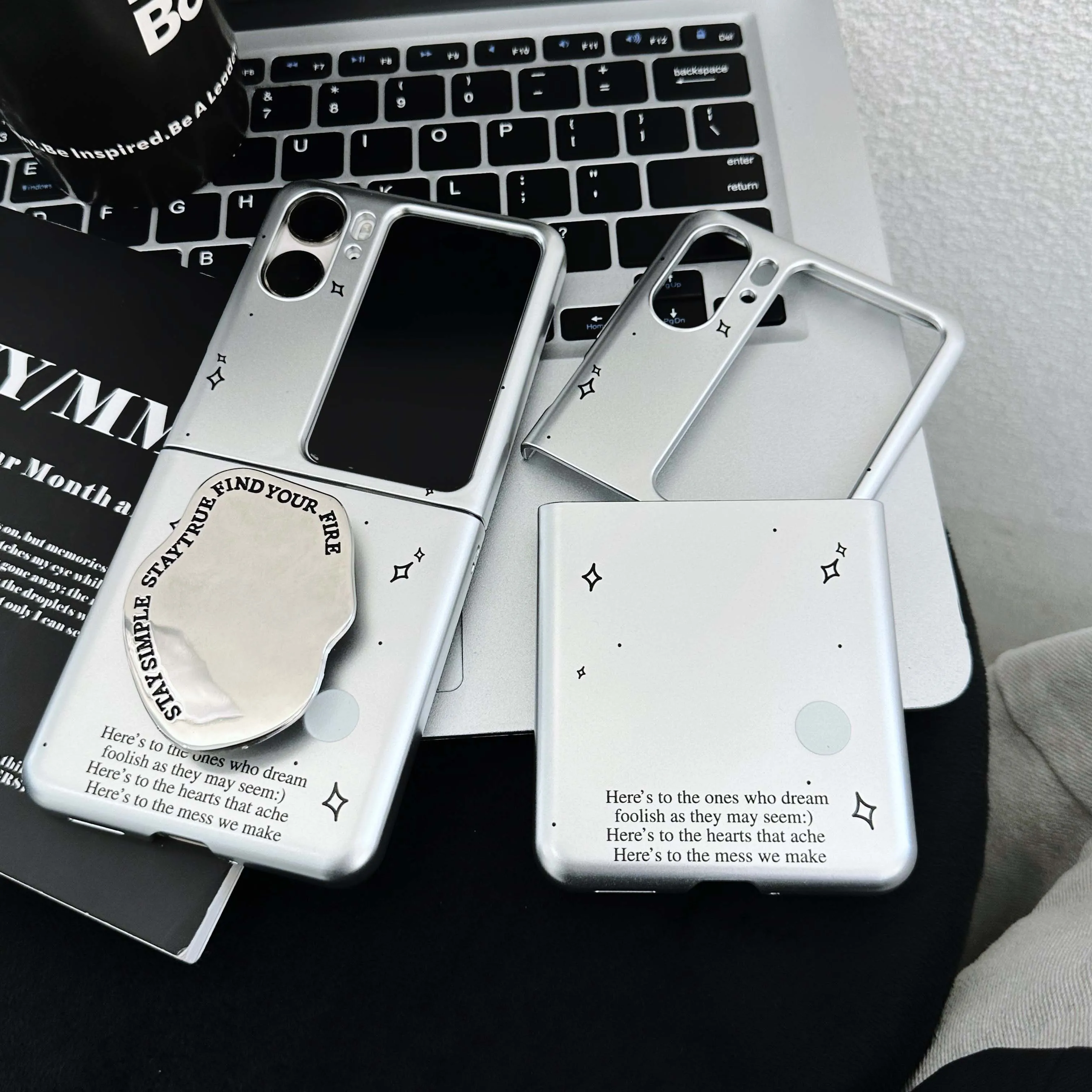 Ins stars blingbling stand holder shell pc hard plated silver pendant cute phone case for oppo find n2 flip 5G n2flip n 2 capa