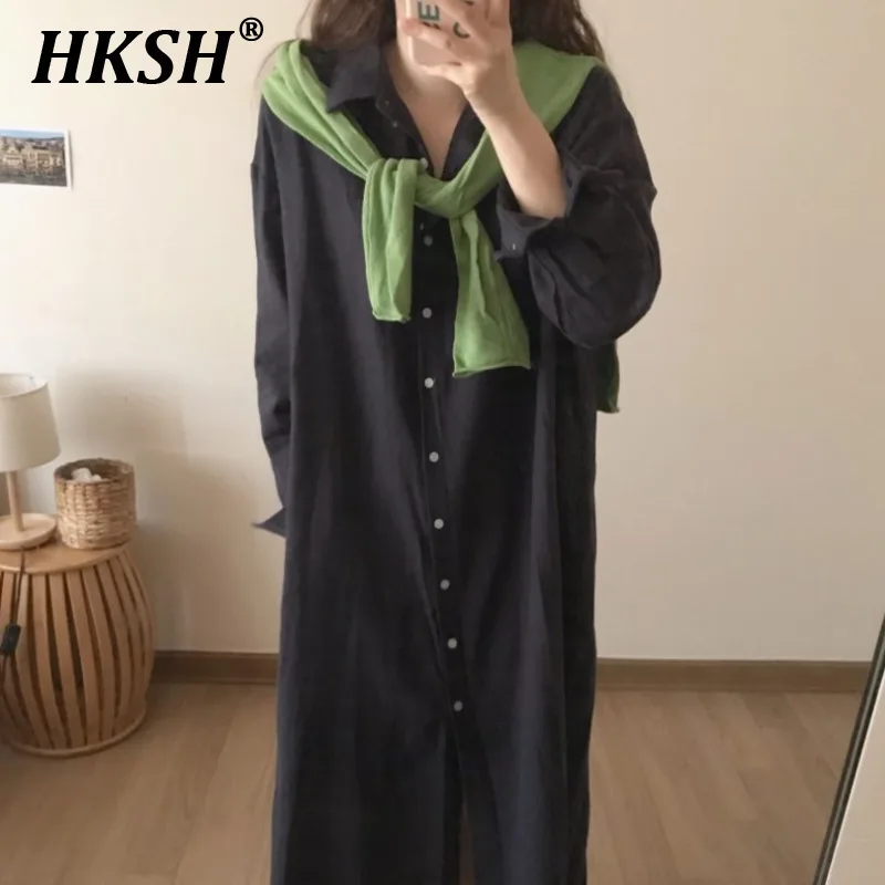 HKSH صيف جديد إمرأة الكورية أنيق المد شيك شارع العليا عادية فضفاض بدوره إلى أسفل طوق واحدة الصدر قميص طويل فستان HK6166