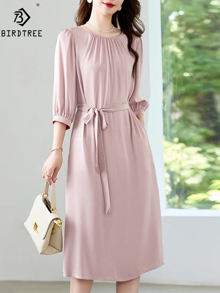 

BirdTree, 19MM 91.8%Natural Silk Elegant Dress, Women 3/4 Sleeve O Neck Sash, Fashion OL Dresses, 2024 Summer Autumn D46788QM