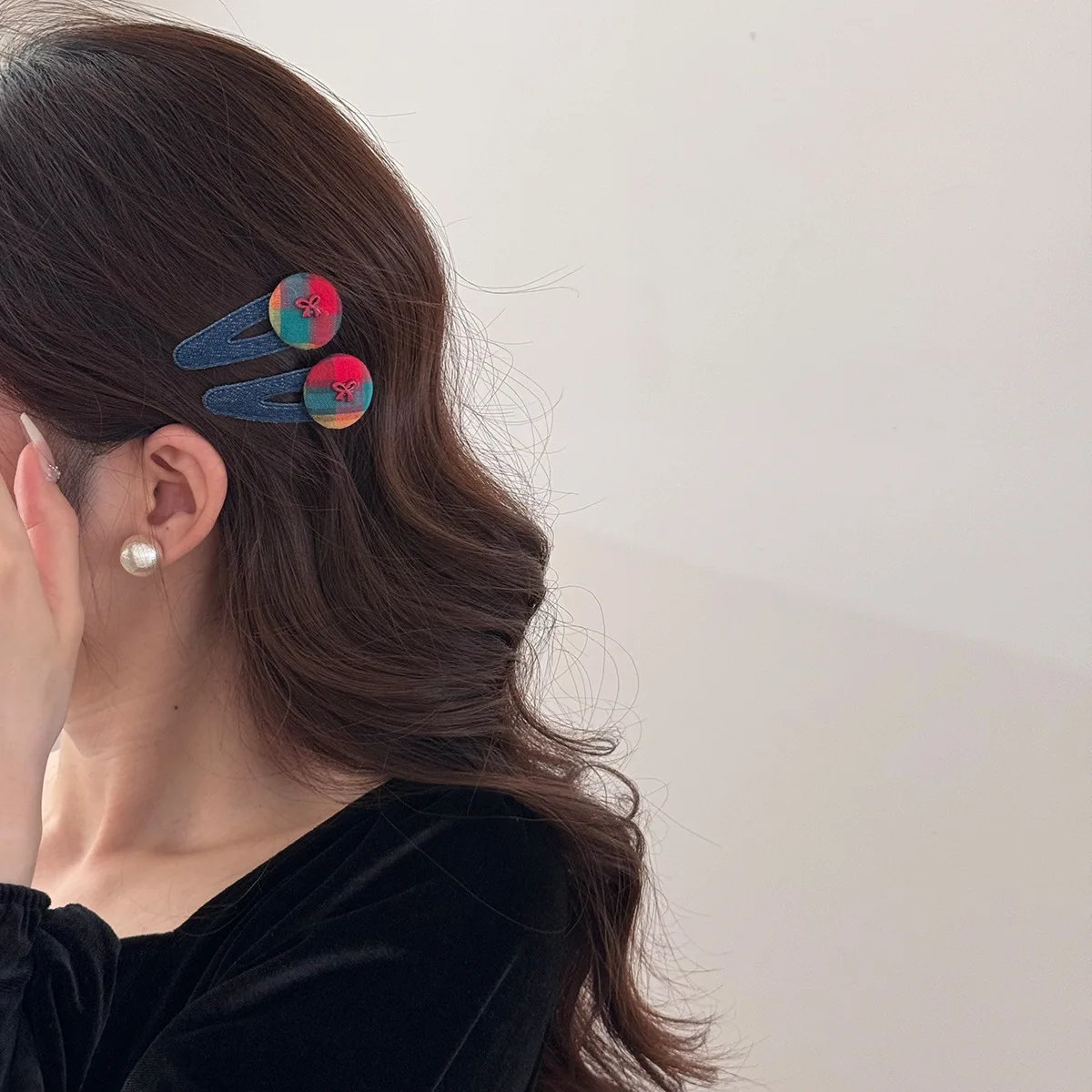 Colorful Fabric Button Hair Side Clip Checkered Bow Denim Sweet Girl Water Droplet BB Clip Bangs Forehead Styling Edge Hairpin