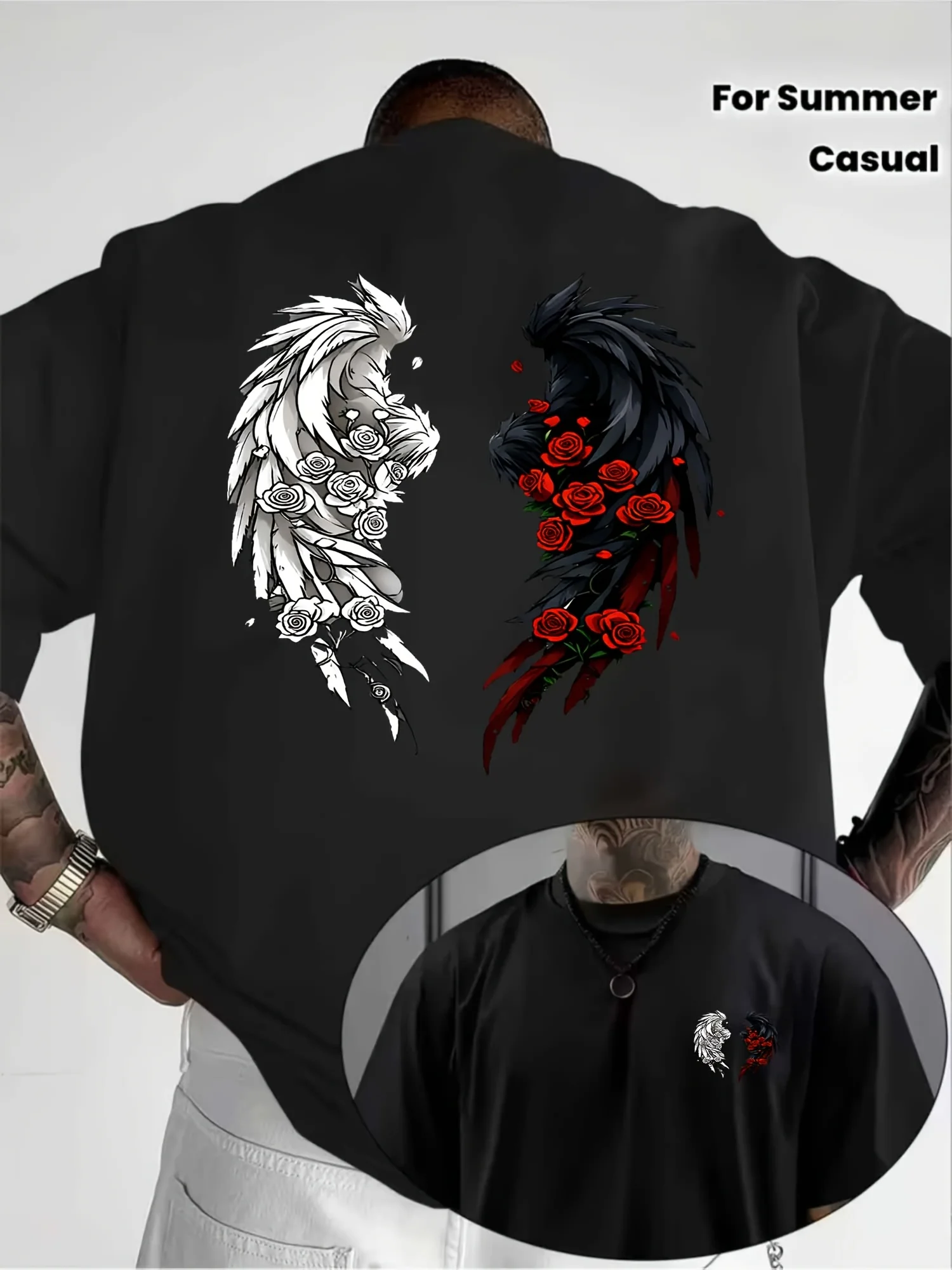 Loose Fashion Casual Black and White Rose Wing Pattern Trendy 100% Pure Cotton Men T-shirt for Summer Street Style Short Sleeve