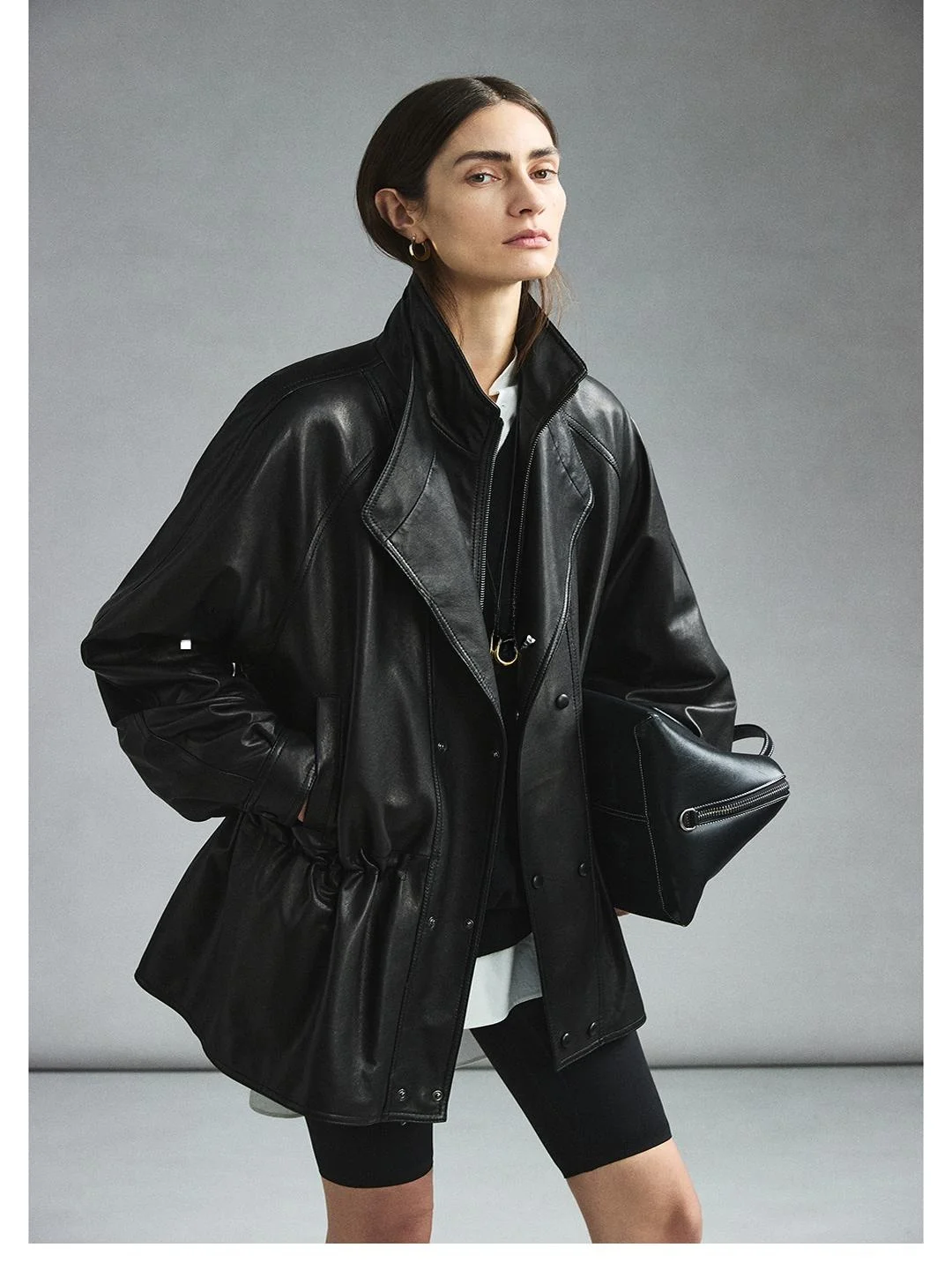 Cera ad olio leggero Pelle di agnello Colletto a doppio strato Vita con coulisse Lunghezza midi Cappotto Jaet da donna Sle Pendolarismo Vestibilità ampia Manica lunga...