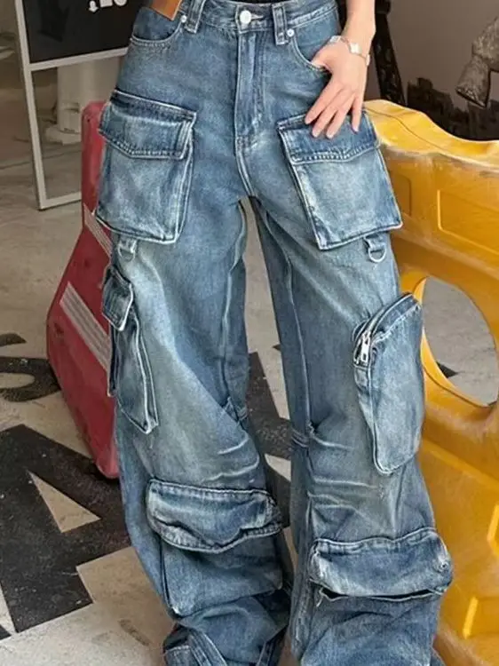 American Retro Workwear Jeans Loose High Waist Straight Leg Multi Pocket Men's Women's Wide Leg Long Trousers Street Style