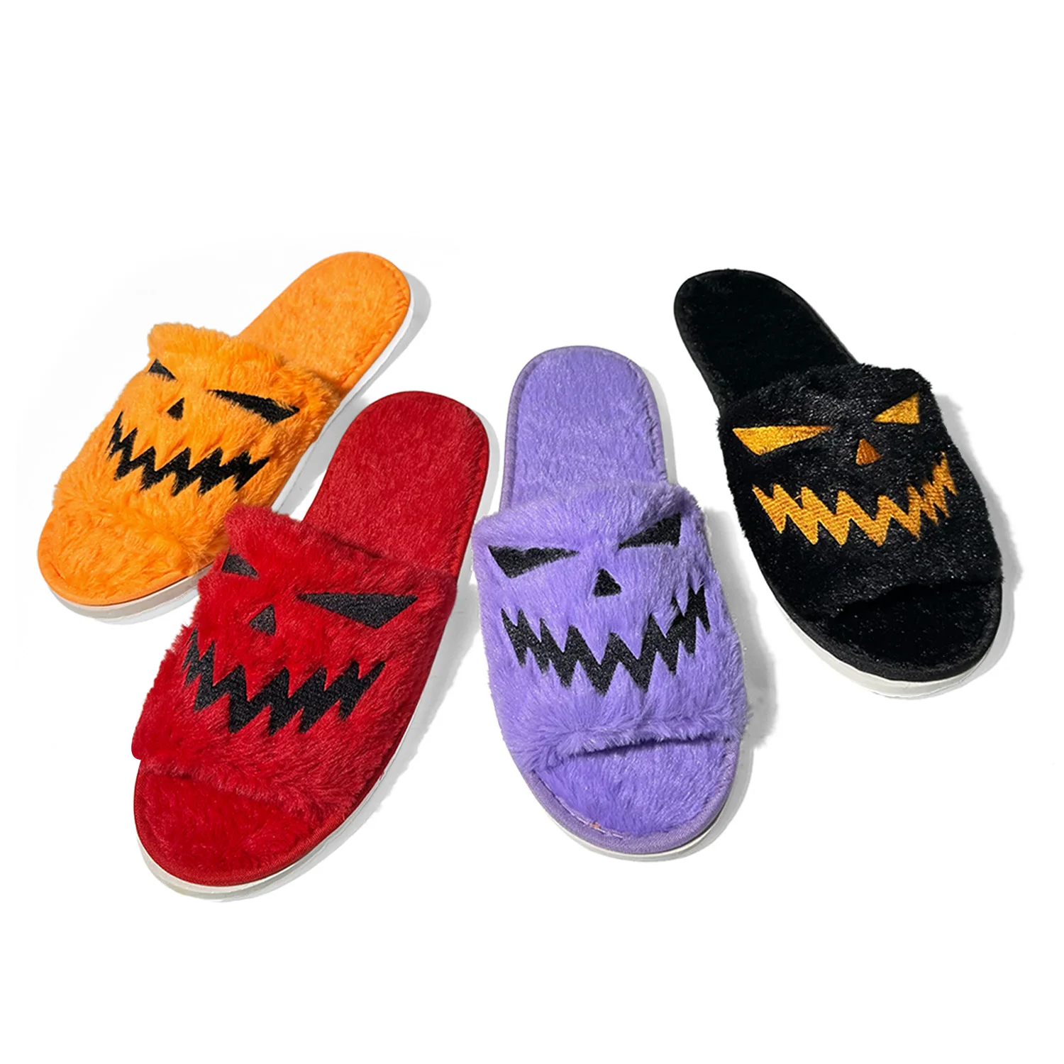 Cute Cartoon Pumpkin Print Fuzzy Slippers, Slip On Soft Sole Flats, Open Toe Non-slip Shoes, Plush Cozy Indoor Halloween Shoes