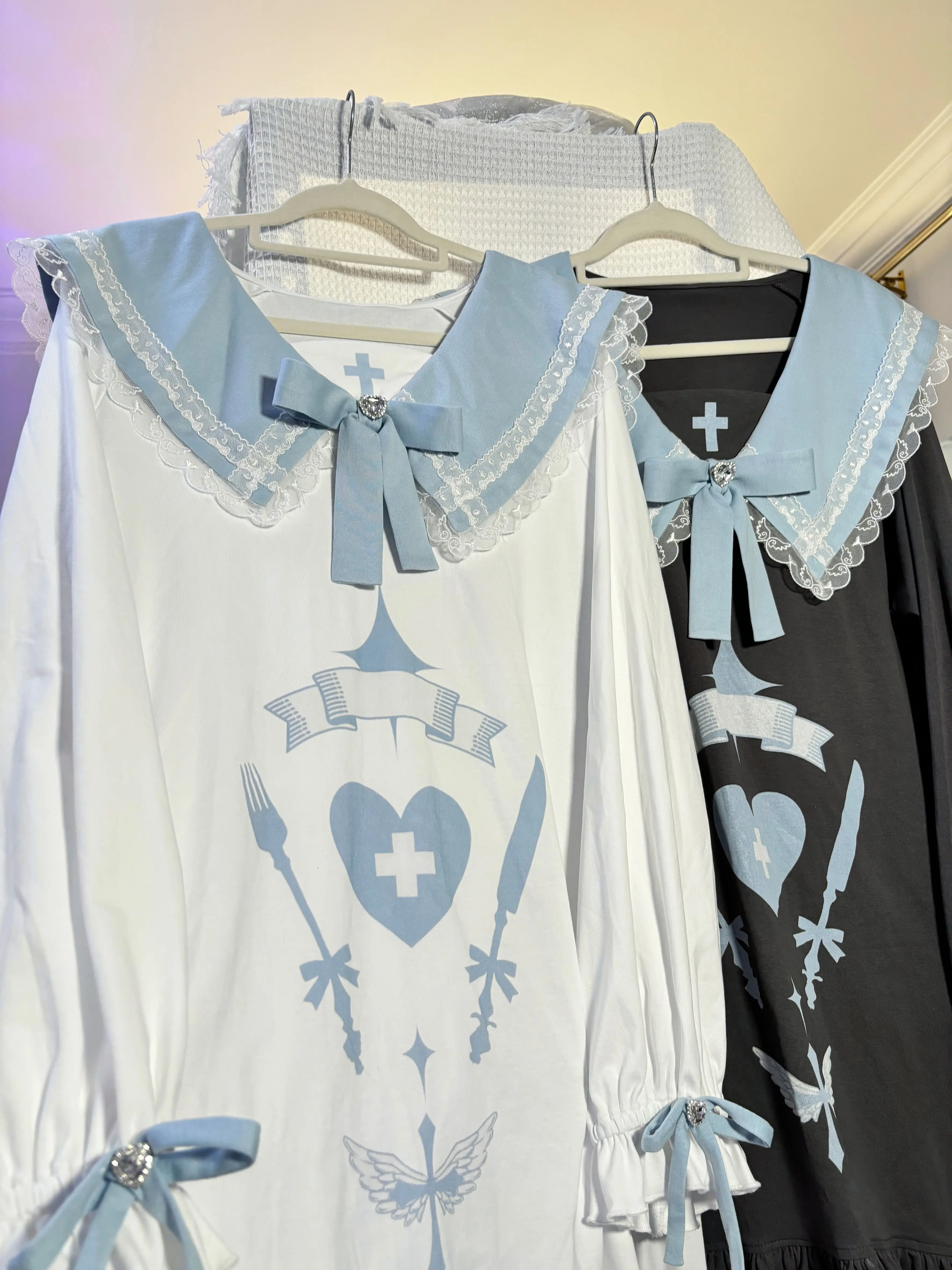 Sweet Sailor Collar Lolita Nightgown Long Sleeve Dress Heart Cross Print Lace Bow Ruffle Hem Loose Kawaii Pajama Dress