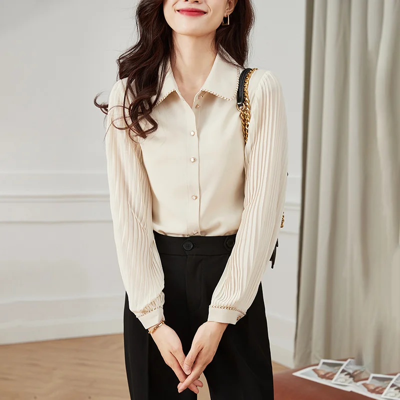 #2538 Beige Pleated Puff Sleeve Shirt Women Korean Style Office Shirt Female Turn-down Collar Chiffon Womens Tops And Blouses