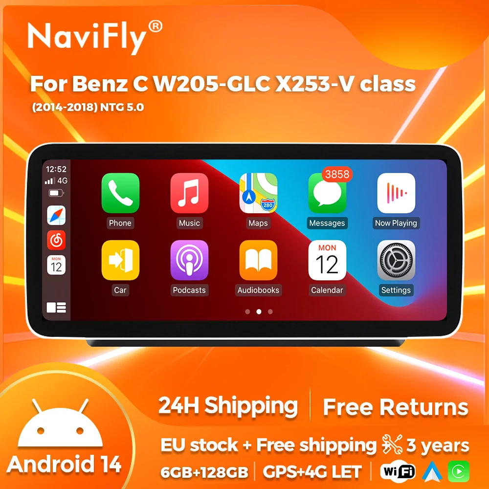NaviFly Android 14 Auto Radio Navigation stéréo pour mercedes-benz classe C W205 GLC X253 classe V W446 NTG5.0 sans fil CarPlay DSP