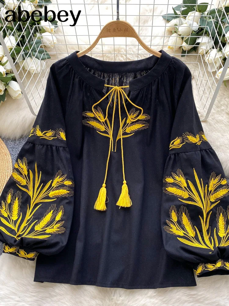 

Винтажная тяжелая рубашка со вставками в этническом стиле на шнуровке с круглым вырезом и вышивкой, блузки-фонарики в западном стиле, свободные повседневные блузки с длинными рукавами, топы