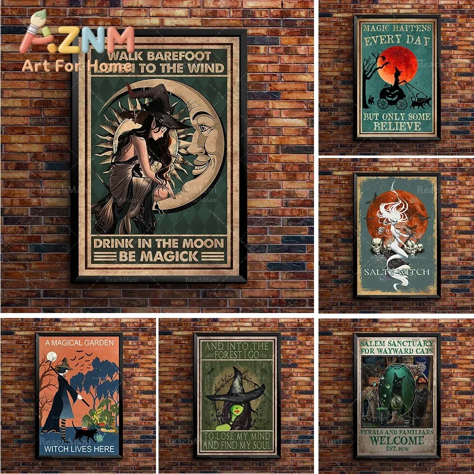 Hippie Witches Girl And Black Cat Lovers In A World Full Of Princesses Be A Poster,Halloween Wall Art Prints Home Decor Canvas