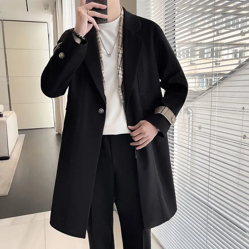 Men Lapel Mid Long Wool Blend Coat Loose Plaid Cuff Design Overcoat Single Breasted Business Casual Long Trench Coat For Autumn