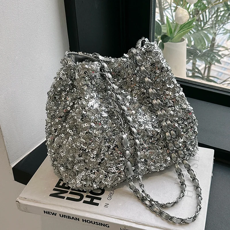 Korean Style Sequins Bucket Bag Glitter Bag Women\'s New Silver Chain Single Shoulder Bag Personalized Black Crossbody Bag