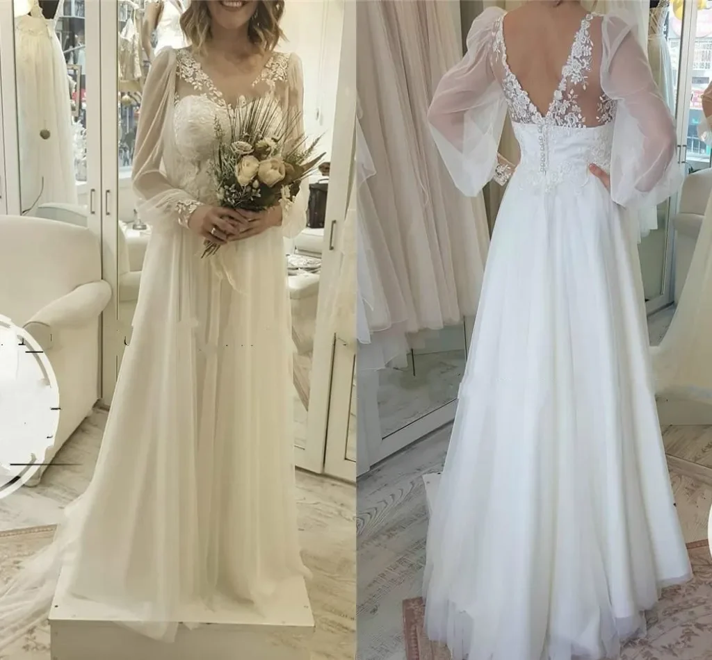 2024 Beautiful V Neck Lace Puffy Sleeve Wedding Dresses A Line Bohemian Arabic Plus Size Vestido De Noiva Appliques Bridal Gowns